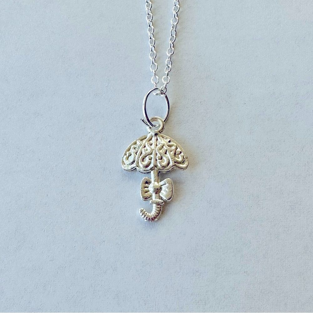 Umbrella Necklace Silver Tone Pendant Charm - Picture 2 of 6
